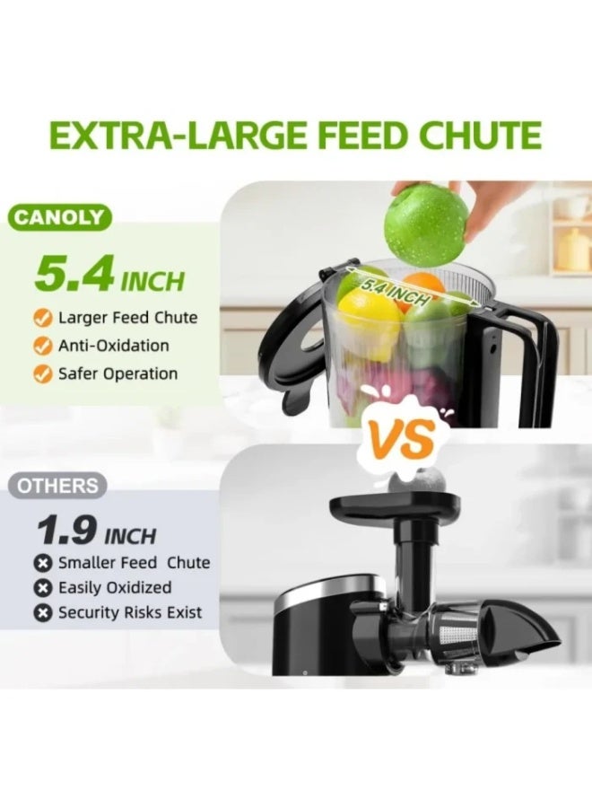 **ماكينة عصر بطيئة من Canoly (عصر على البارد)** عصّارة Canoly بنظام العصر البطيء بسرعة 50 دورة في الدقيقة، مزودة بفتحة تغذية عريضة قابلة للعكس بقياس 5.3 بوصة تناسب الخضروات والفواكه الكاملة دون تقطيع مسبق. تتميز ببرغي عصر ذاتي القطع، وسهلة الفك والتنظيف. - Image 2